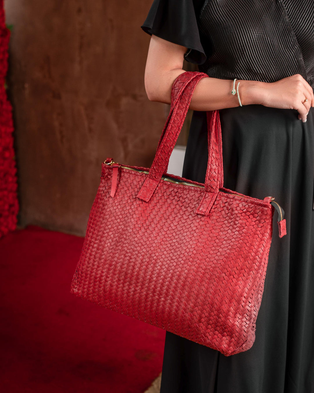 Handmade Woven Original Leather Bag With Zipper-Red - Image 6