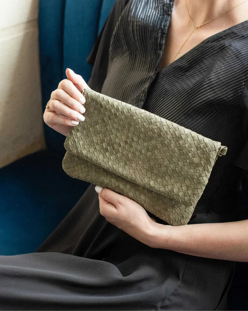 Woven Dreams Fold Over Cross Body Leather Clutch