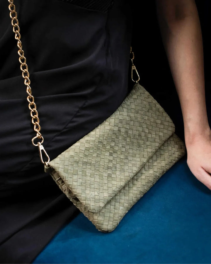 Woven Dreams Fold Over Cross Body Leather Clutch