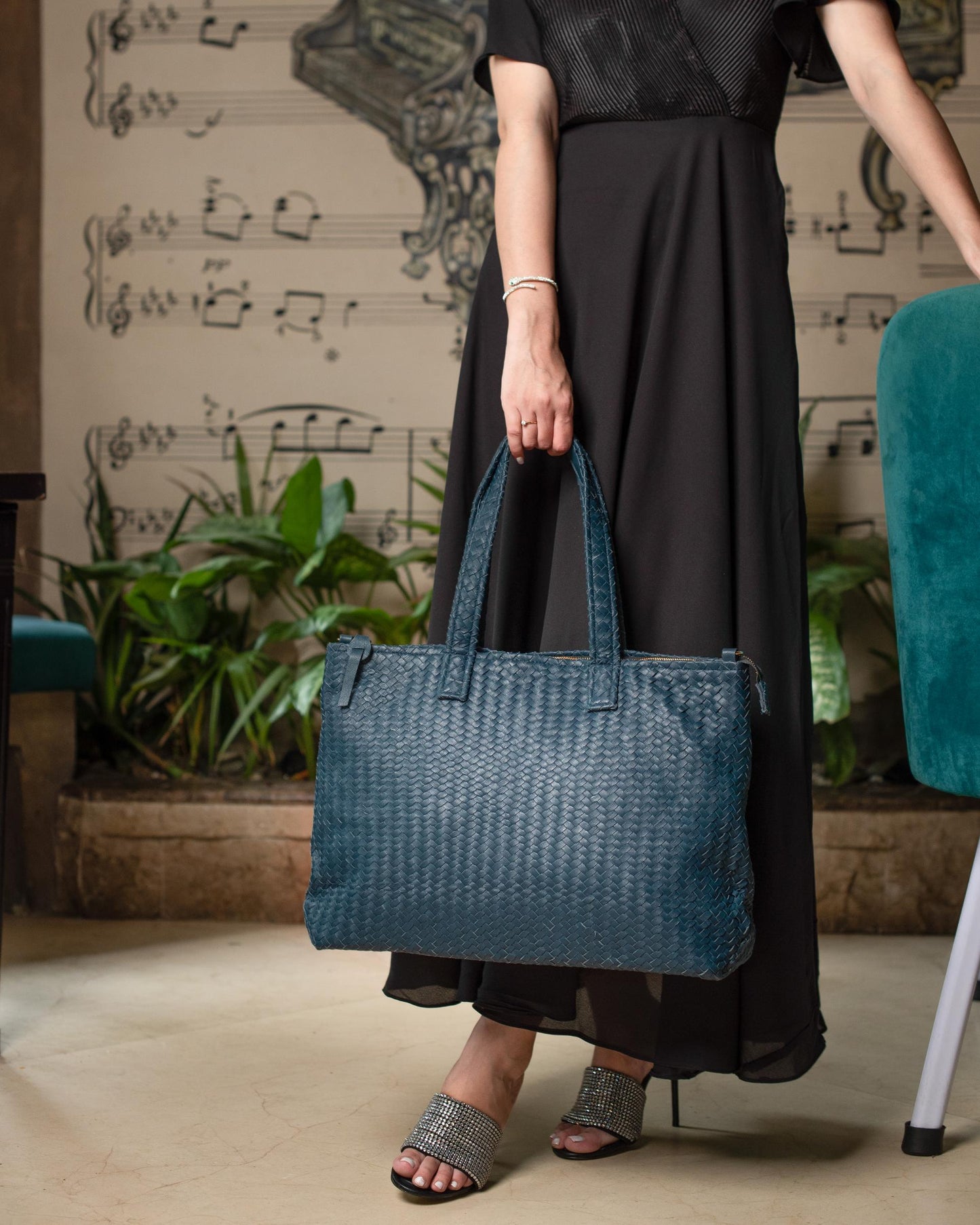 Handmade Woven Original Leather Bag With Zipper-Blue - Image 2