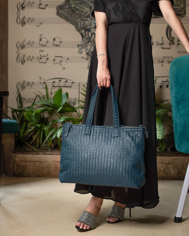 Handmade Woven Original Leather Bag With Zipper-Blue - Image 2