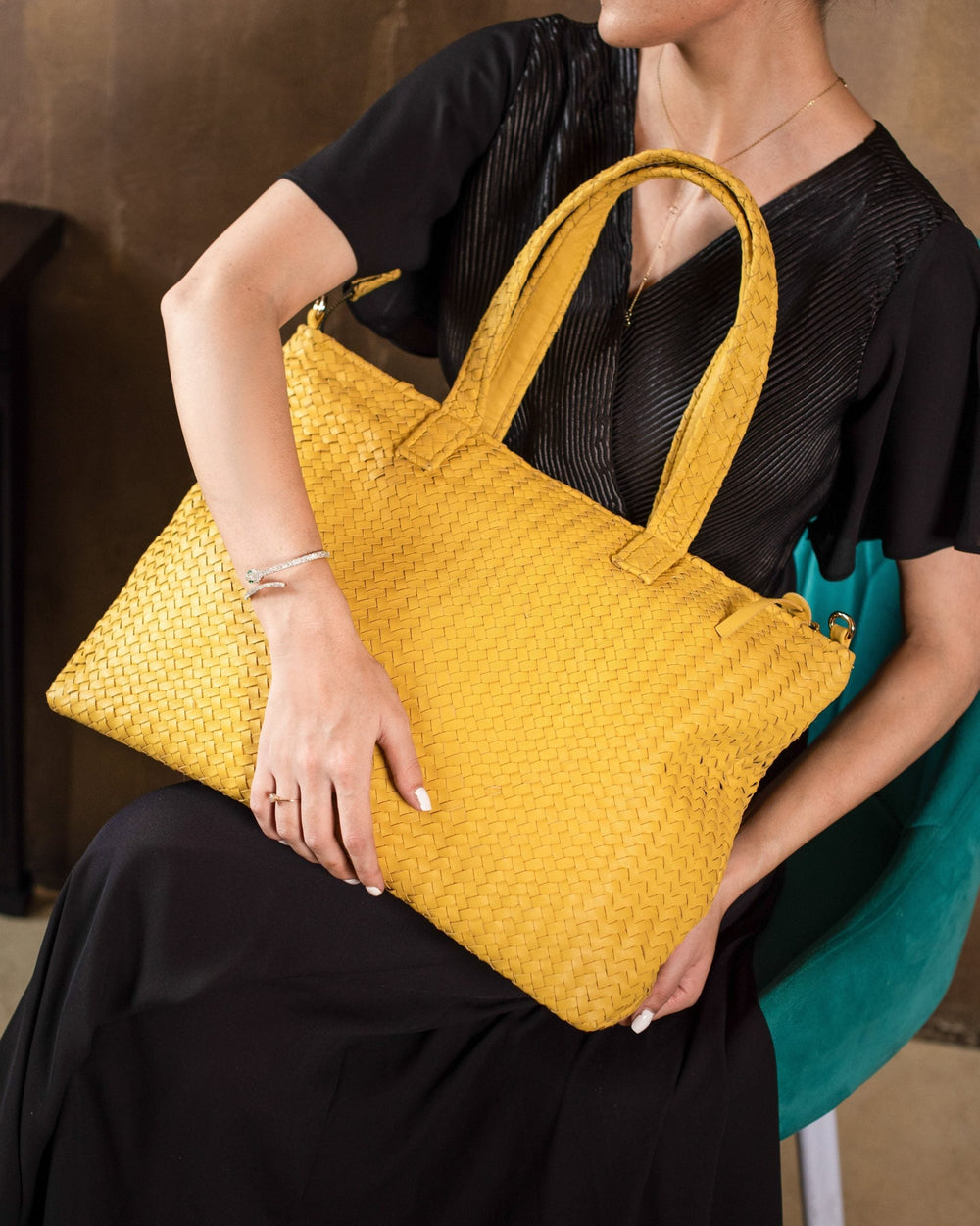 Handmade Woven Original Leather Bag With Zipper-Yellow - Image 2