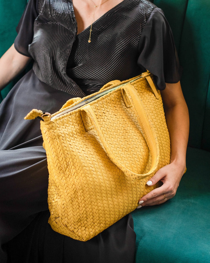 Handmade Woven Original Leather Bag With Zipper-Yellow - Image 4