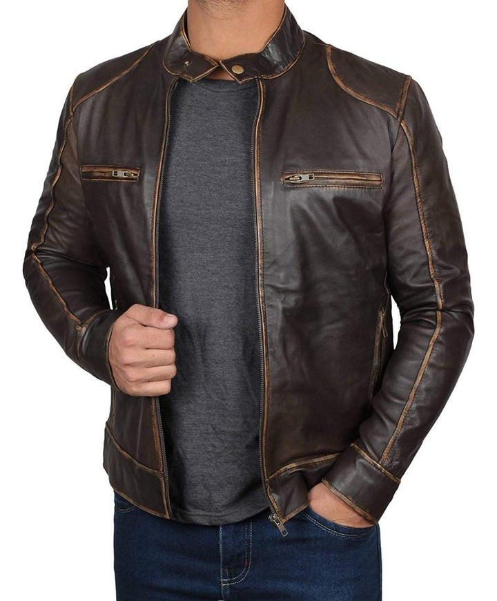 Dodge Cafe Racer Vintage Brown Leather Jacket