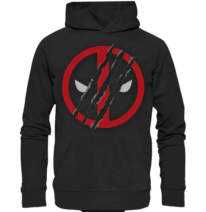 Classic black pullover featuring the official red Deadpool mask symbol, overlaid with a highly detailed, textured silver scratch graphic across the chest.