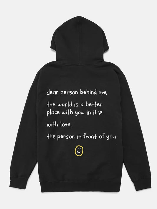 Black hoodie with a message on the back on a white background