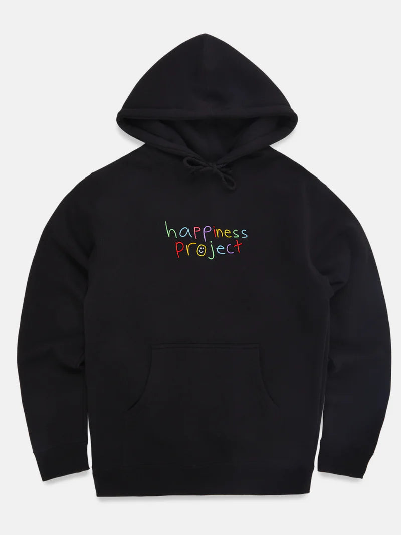 Black hoodie with 'happiness project' text on a white background