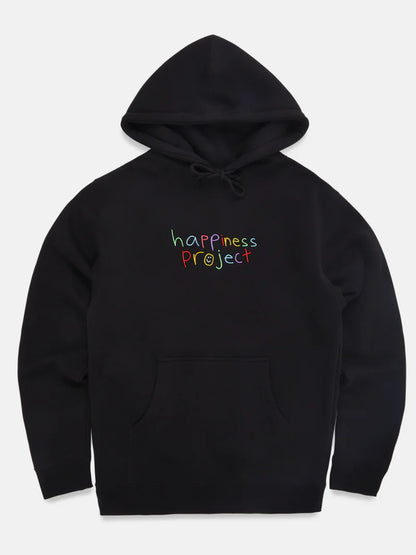 Black hoodie with 'happiness project' text on a white background