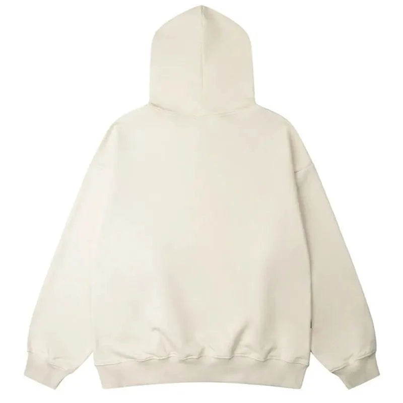 Back view of the solid ecru cotton oversized pullover hoodie. Showcases the structured fit and unprinted reverse panel.