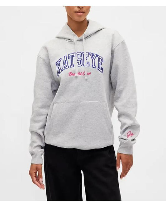 Person wearing a gray hoodie with 'Katsheu' branding on a white background