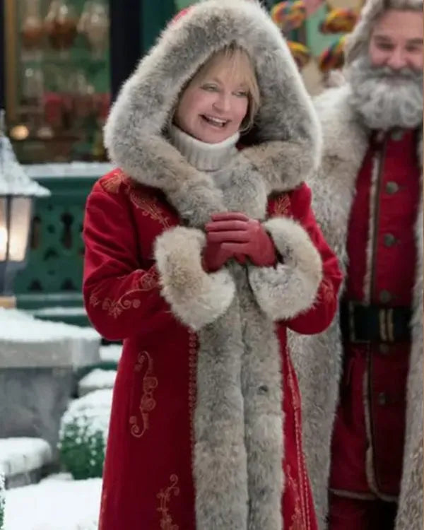 Close view of Red Christmas Chronicles 2 Mrs Claus Coat, showing the fur-lined hood and sleeve.