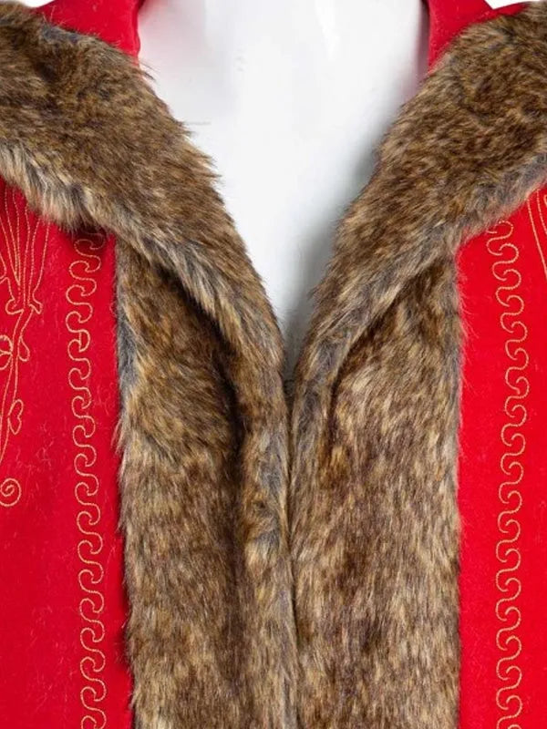 Close view of Red Christmas Chronicles 2 Mrs Claus Coat, showing the luxurious fur collar detail.