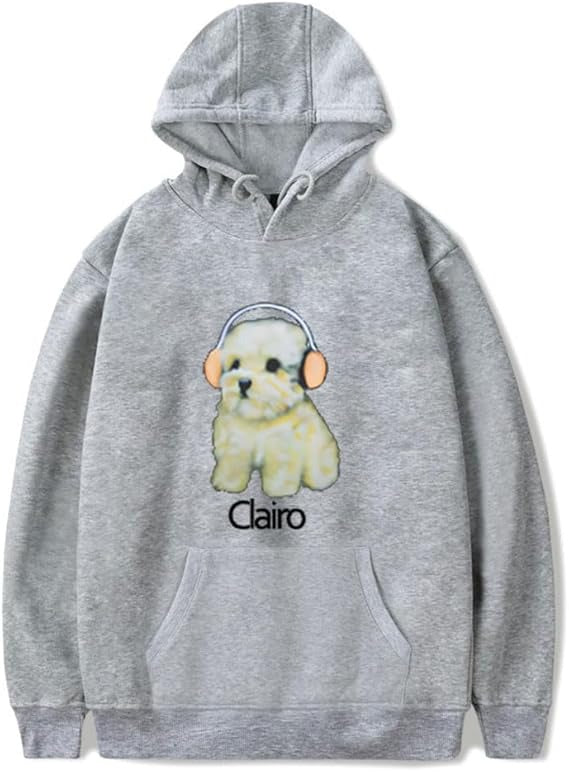 Gray Clairo Dog Hoodie with a dog graphic and 'Clairo' text on a white background