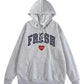 Gray hoodie with 'FRESH Love' text on a white background