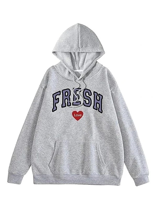 Gray hoodie with 'FRESH Love' text on a white background