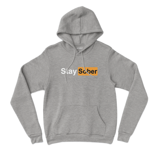 Gray hoodie with 'Stay Sober' text on a white background