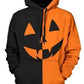 Halloween-themed hoodie with black and orange design on a white background