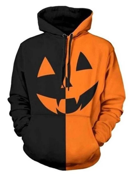 Halloween-themed hoodie with black and orange design on a white background