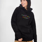 Person wearing a black hoodie with 'happiness project' text on a white background