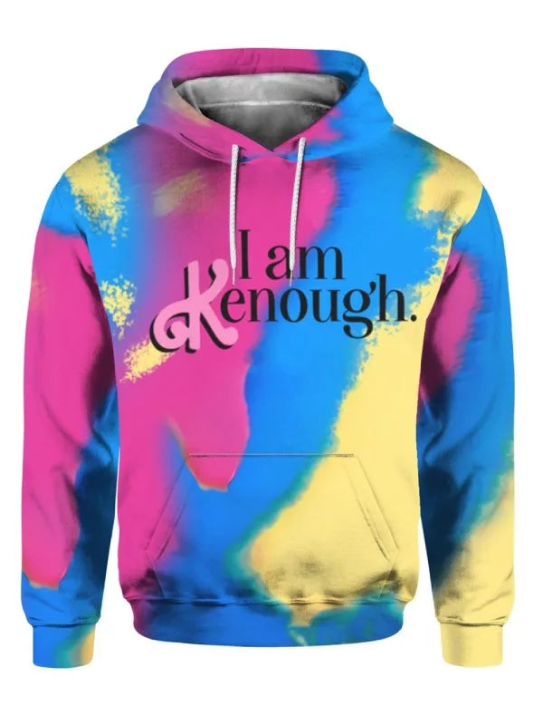 Colorful hoodie with 'I am enough' text on a white background