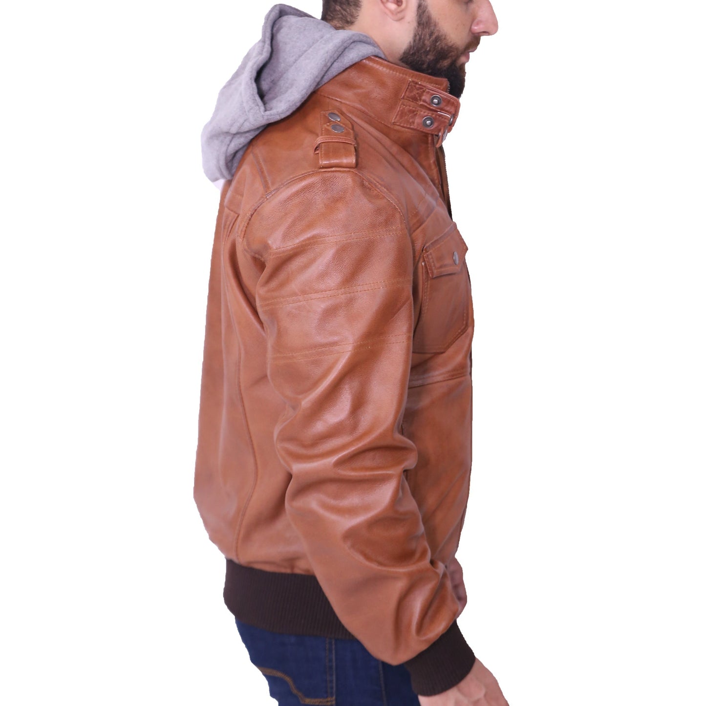 Men's Grey Removable Hood Brown Leather Jacket