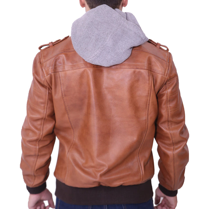 Men's Grey Removable Hood Brown Leather Jacket