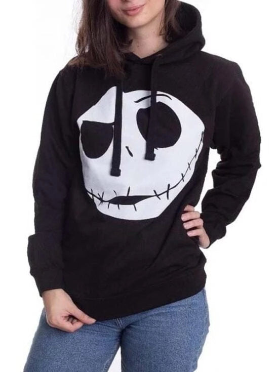Black pullover hoodie featuring Jack Skellington's large white skull face graphic on the chest.
