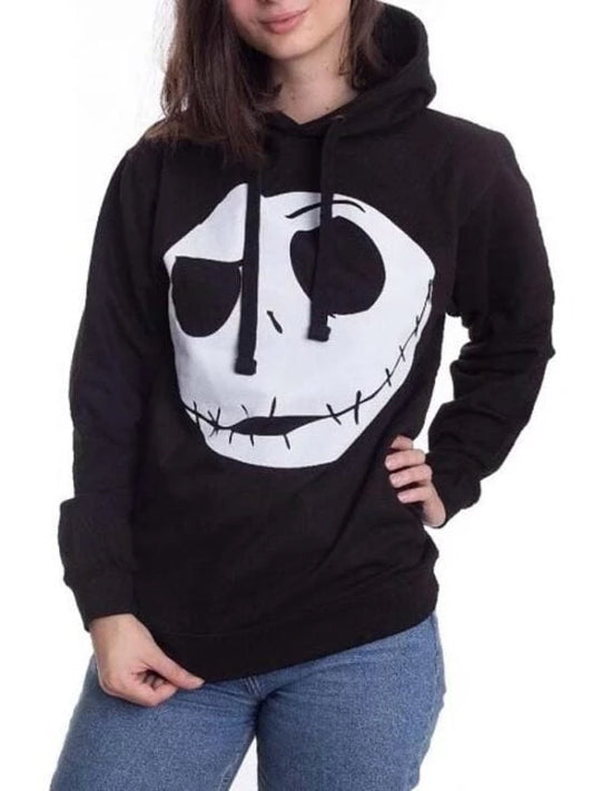 Black pullover hoodie featuring Jack Skellington's large white skull face graphic on the chest.