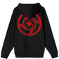 Jujutsu Kaisen hoodie with a red spiral design on the back against a white background