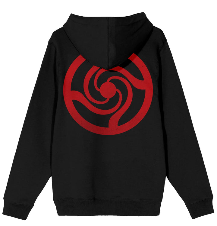 Jujutsu Kaisen hoodie with a red spiral design on the back against a white background