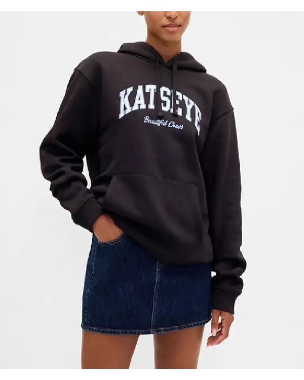 Person wearing a black hoodie with 'KATIEYE' branding on a white background