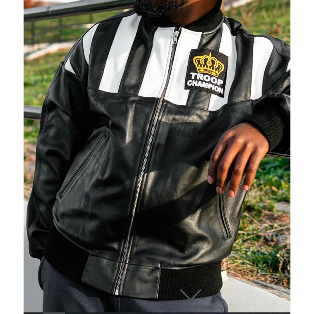 Close view of Black and White LL Cool J Troop Champion Black Bomber Leather Jacket