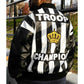 Back view of Black and White LL Cool J Troop Champion Black Leather Jacket