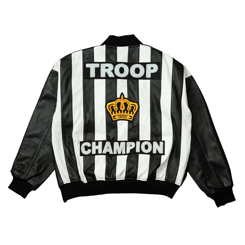 Full back view of Black and White LL Cool J Troop Champion Leather Jacket