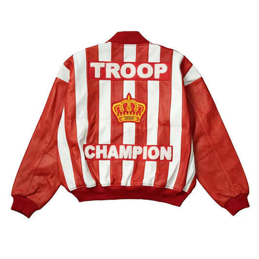 Full back view of Red and White LL Cool J Troop Champion Red Leather Jacket
