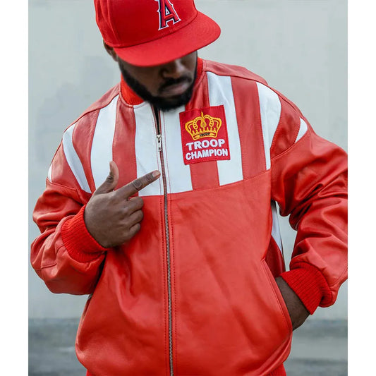 Close view of Red and White LL Cool J Troop Jacket