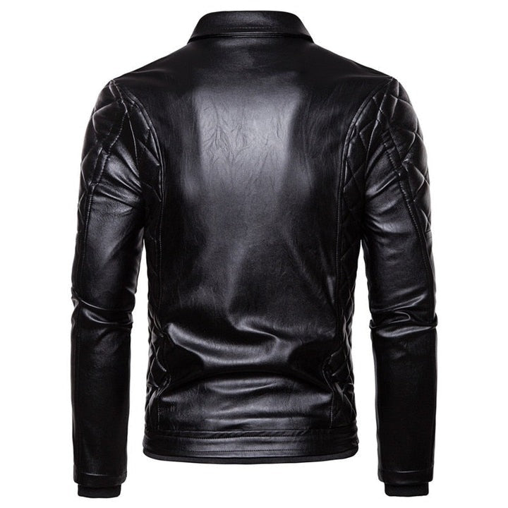 Black leather jacket shown from the back on a white background