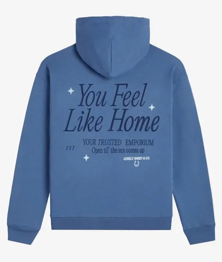 Lonely-Ghost-Feel-Like-Home-Blue-Hoodie back view with "You Feel Like Home