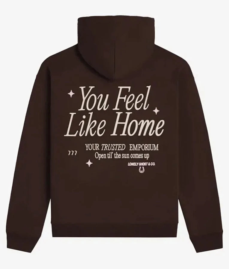 Lonely-Ghost-Feel-Like-Home-Brown-Hoodie back view with "You Feel Like Home"