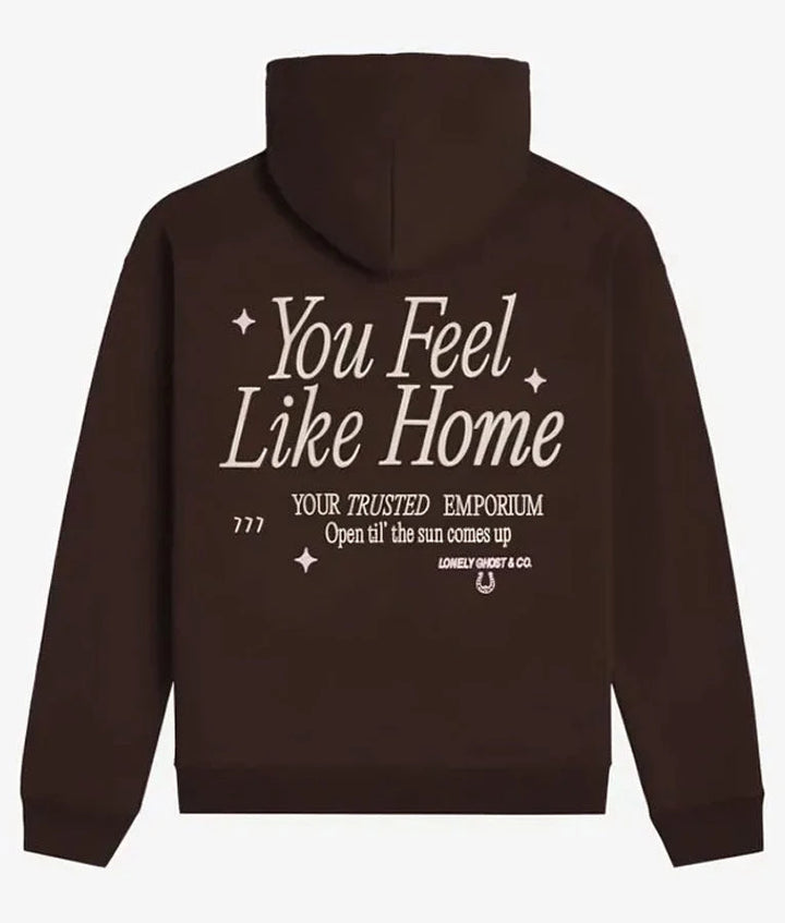 Lonely-Ghost-Feel-Like-Home-Brown-Hoodie back view with "You Feel Like Home"