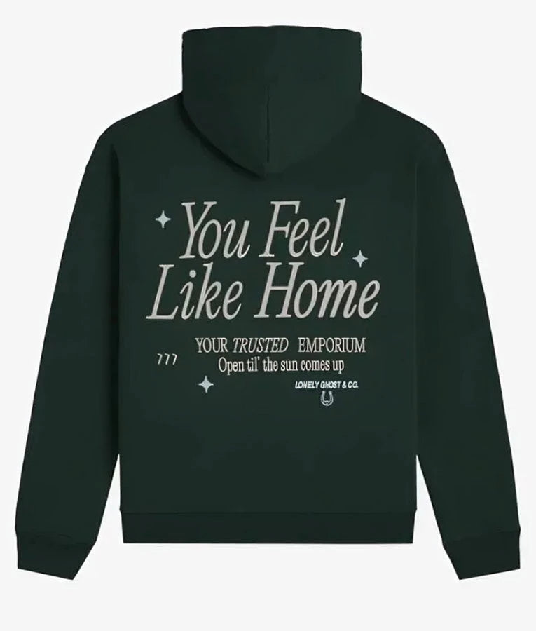 Back view of Lonely-Ghost-Feel-Like-Home-Green-Hoodie with "You Feel Like Home"