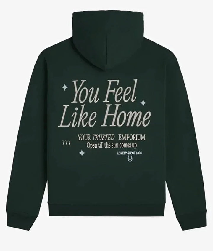 Back view of Lonely-Ghost-Feel-Like-Home-Green-Hoodie with "You Feel Like Home"