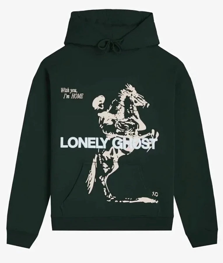 Front view of Lonely-Ghost-Feel-Like-Home-Green-Unisex-Hoodie