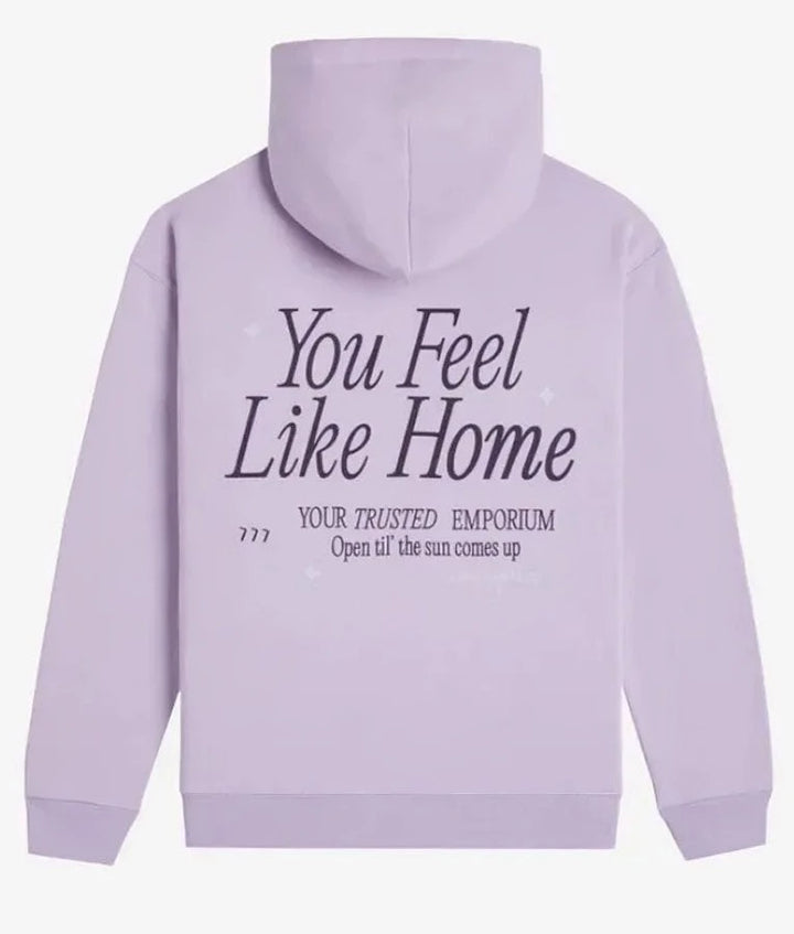 Back view of Lonely-Ghost-Feel-Like-Home-Light-Purple-Hoodie with "You Feel Like Home"