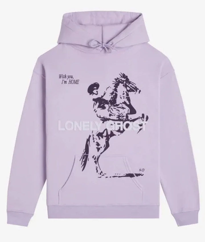 Front view of Lonely-Ghost-Feel-Like-Home-Light-Purple-Unisex-Hoodie