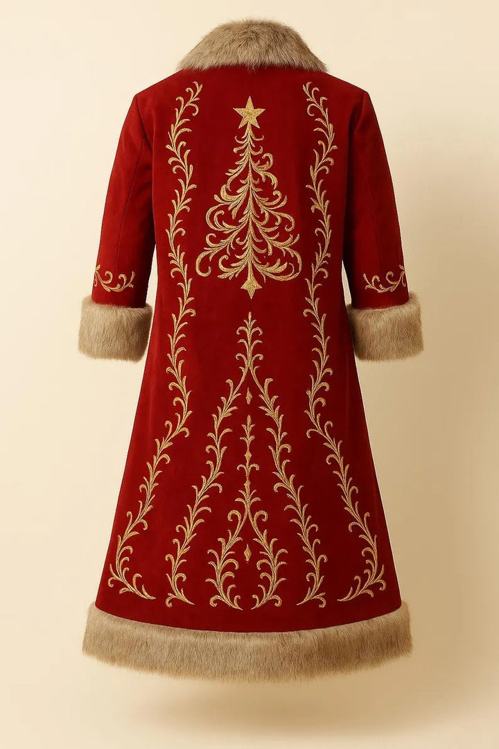 Red coat with gold embroidery and fur trim on a beige background