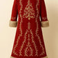 Back view of Luxury Red Wool Santa Coat Golden Embroidery featuring a golden Christmas tree design. Perfect for a very Merry Christmas!