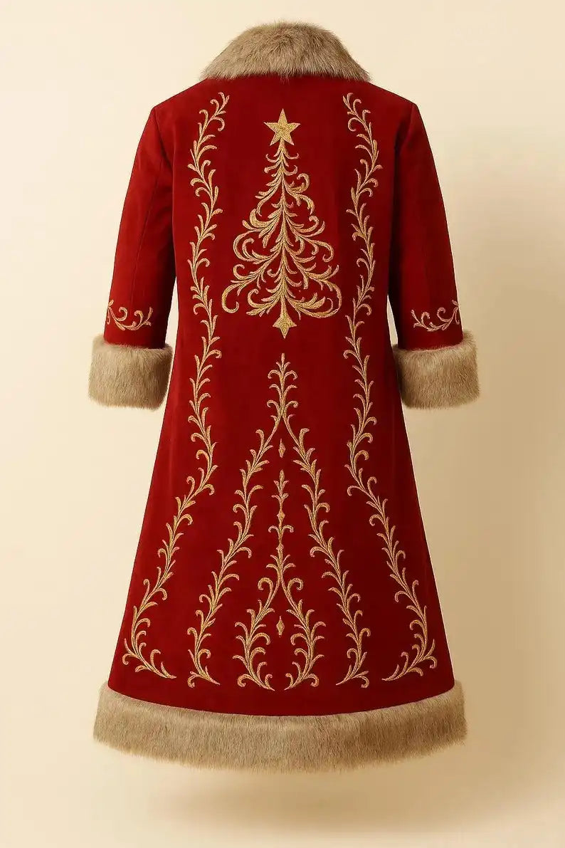 Back view of Luxury Red Wool Santa Coat Golden Embroidery featuring a golden Christmas tree design. Perfect for a very Merry Christmas!