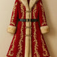 Front view of Luxury Red Wool Santa Coat with Golden Embroidery. Perfect for a very Merry Christmas!