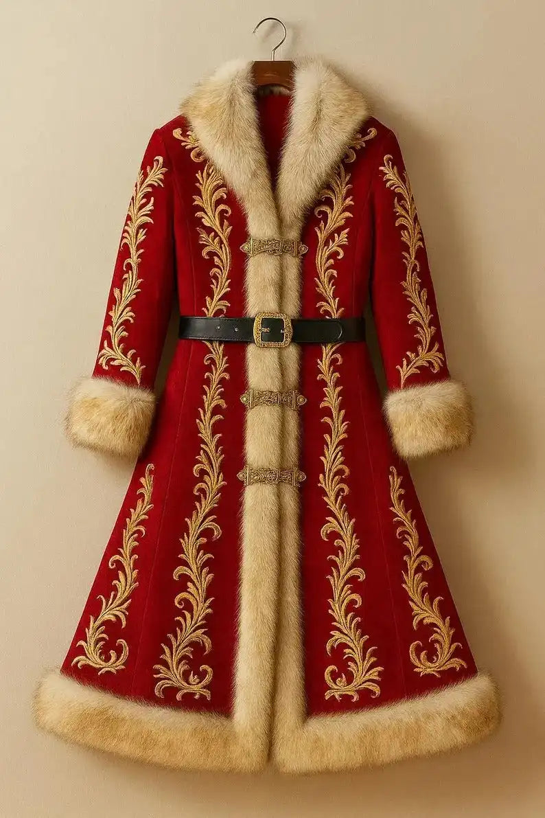 Front view of Luxury Red Wool Santa Coat with Golden Embroidery. Perfect for a very Merry Christmas!